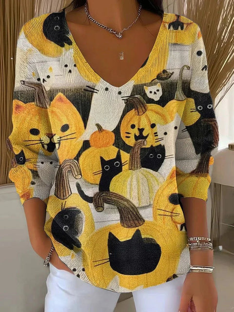 Shoulder V-Neck Long Sleeve Pullover 3D Digital Printing Women's Top T-Shirt m302616