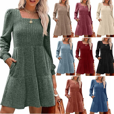 Robe à manches longues et col carré, manches lanternes, poches pour poupées, m300921 