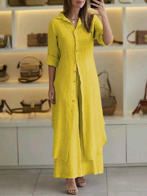 Ensemble élégant en coton et lin, coupe ajustée, chemise à manches longues et pantalon large m301063 