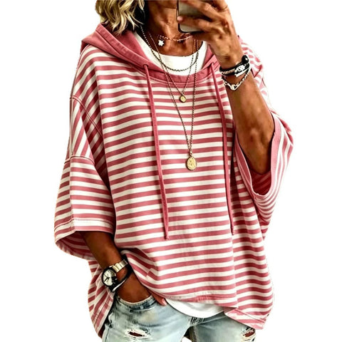 Nouveau pull à capuche rayé ample décontracté à manches sept-quarts pour femme m302998