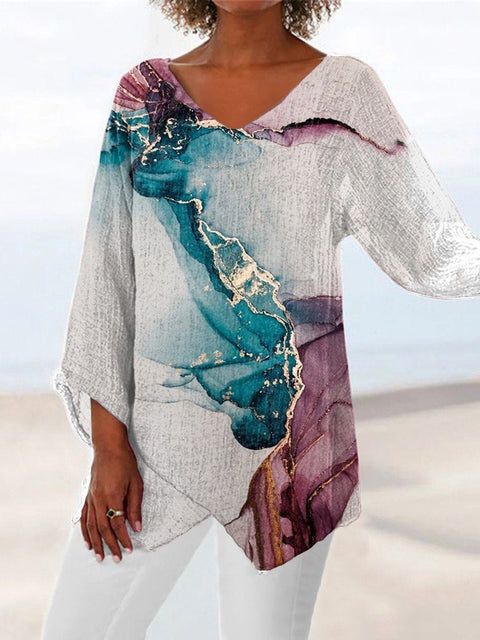 Damen-T-Shirt mit V-Ausschnitt und neunviertellangen Ärmeln und Tiermotiven, lockeres Motiv, m301289 