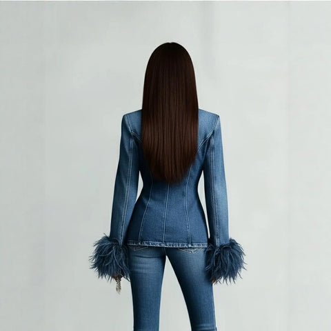 Denim jacket long sleeve waist suit collar ostrich hair decorative fashion temperament top FF303451
