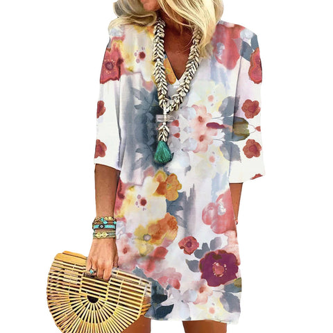 Medium sleeve watercolor small flower print pocket dress m300739