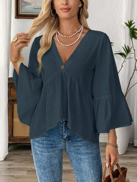 Solid color V-neck lotus leaf sleeve cotton top m302735