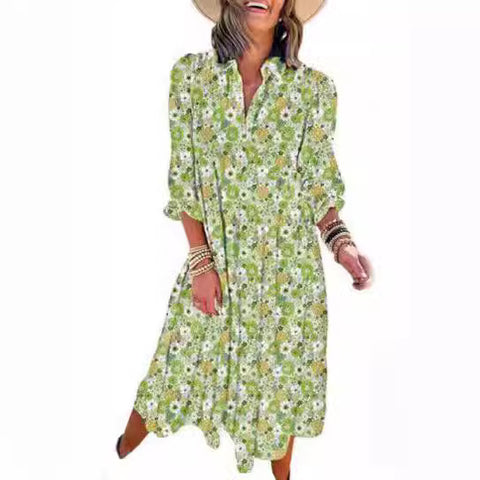 Robe ample à manches longues et col en V pour femme, style bohème, florale, élégante, en forme de A, m300573 