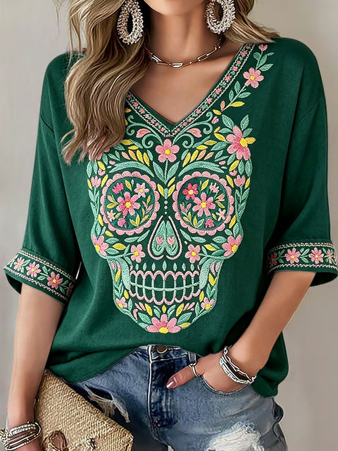 Down shoulder V-neck seven-quarter sleeve 3D printed women's top T-shirt m302844