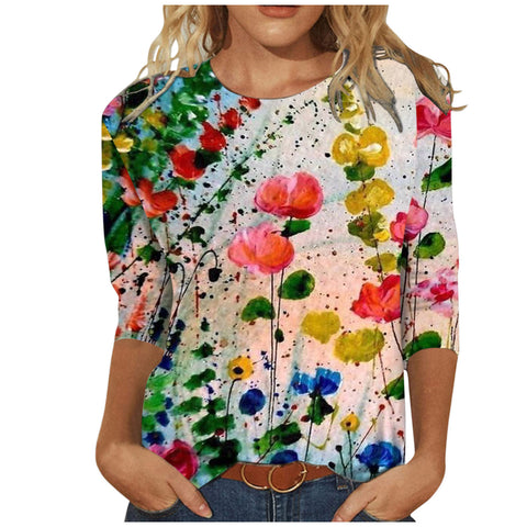 T-shirt ample à col rond et manches 3/4 pour femme, imprimé M300227 