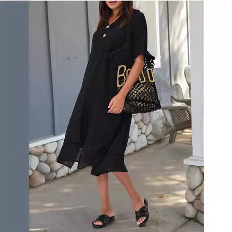 Robe littéraire en coton tissé et lin double épaisseur fendue à col en V m301247 