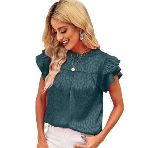 Haut polyvalent à manches longues et col ondulé pour femme, imprimé feuilles de lotus, M300881 