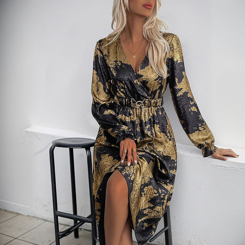 Robe bronzante à col en V et manches longues pour femme, haut de gamme, collection automne M300808 
