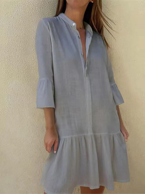 Robe chemise boutonnée à col montant et manches 9/4 en coton avec ourlet plissé m300679 