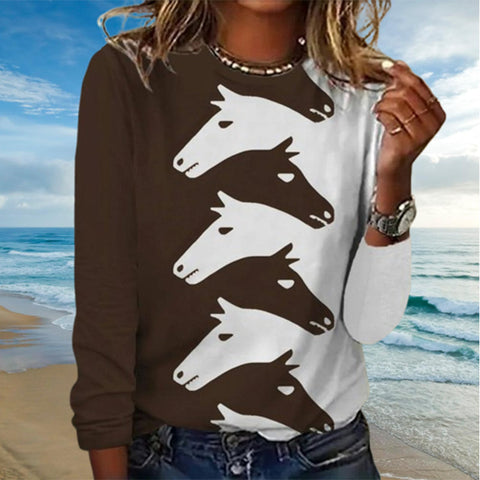 T-shirt col rond à imprimé tête de cheval créatif et tendance, grande taille, m300933 
