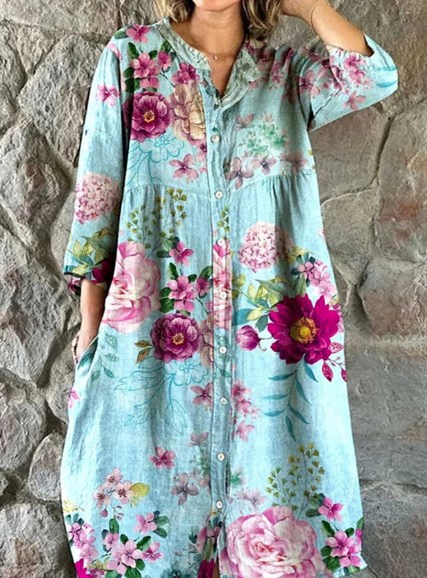 Robe chemise ample à col ras du cou et manches longues pour femme, imprimée, de qualité supérieure, m301050