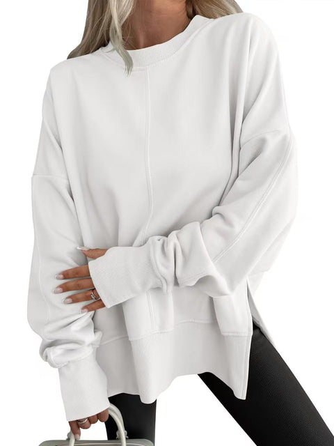 Loose sweater side split splicing round neck bat sleeve fleece top m302100