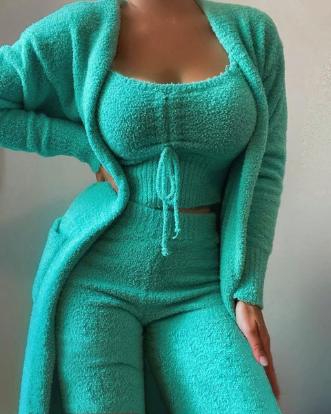 Plüschiges dreiteiliges Pyjama-Set mit Schnürung, lässiges Loungewear-Set, m301066 