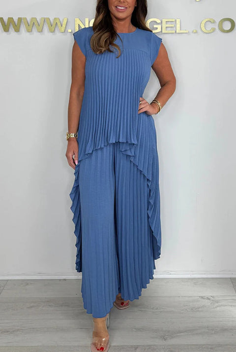 Crew neck solid color sleeve top pleated straight pants set two-piece set m301509