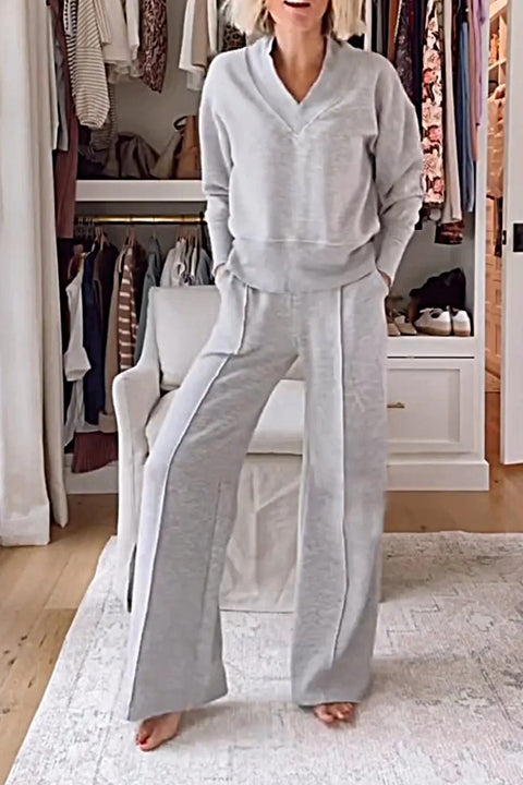 Zweiteiliges Set mit V-Ausschnitt, langärmeligem, lockerem Oberteil und Hose mit weitem Bein, m301327 