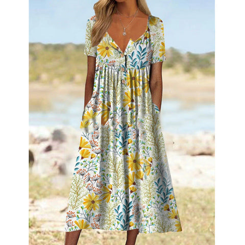 Bedrucktes Kurzarmkleid mit V-Ausschnitt, Knöpfen, Damentaschen und langem Rock m300028 