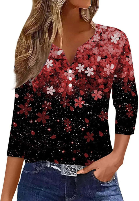 Col en V, manches sept-quarts à trois boutons, imprimé floral, vêtements amples pour femmes à la mode et décontractés m300565 