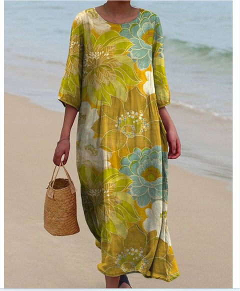 Robe longue à col ras du cou pour femme, imprimée, décontractée, tendance, m301059