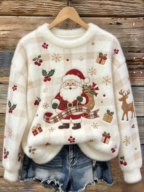 Christmas cartoon old man reindeer print flannel women sweater FF303511