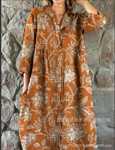 Robe chemise ample à col ras du cou et manches longues pour femme, imprimée, de qualité supérieure, m301050