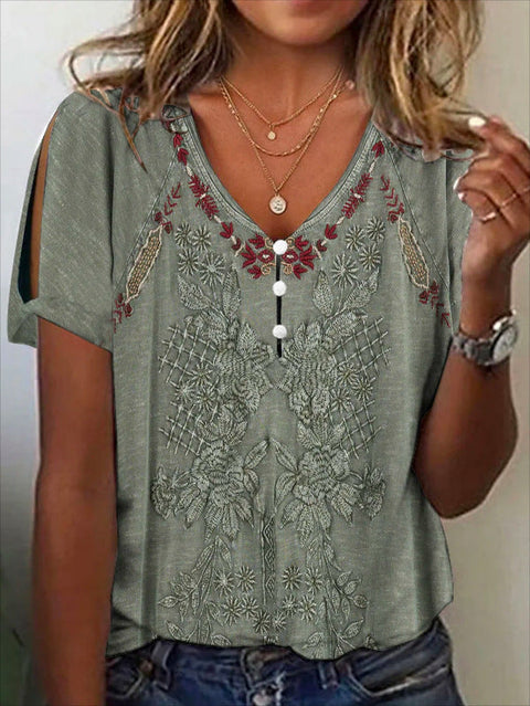 3D printed V-neck button-up T-shirt top daily short-sleeved m301263
