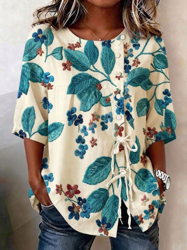 Color matching loose blouse five-button drawstring shirt m302758