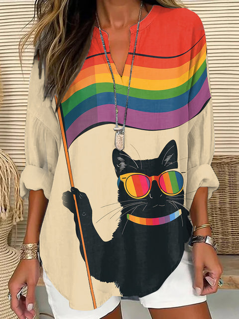 T-shirt ample à manches longues et col en V imprimé 3D m301360 