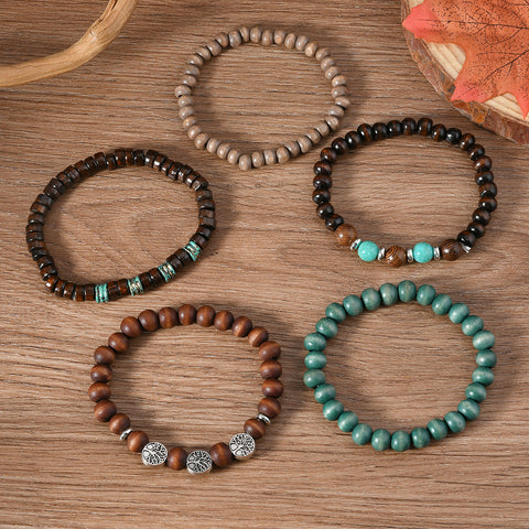 Bracelet rétro en alliage de zinc avec perles en bois tissées à la main, motif arbre de vie, multicouche, cinq pièces, m3331272 