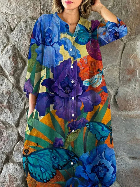 Robe chemise ample à col ras du cou et manches longues pour femme, imprimée, de qualité supérieure, m301050