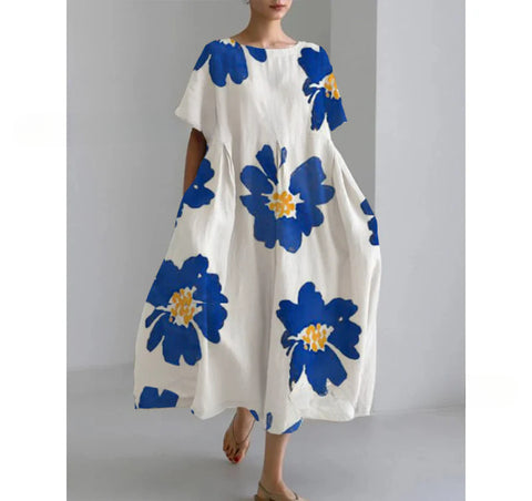 Robe ample à col ras du cou et manches courtes pour femme, haut de gamme, imprimée, m301052