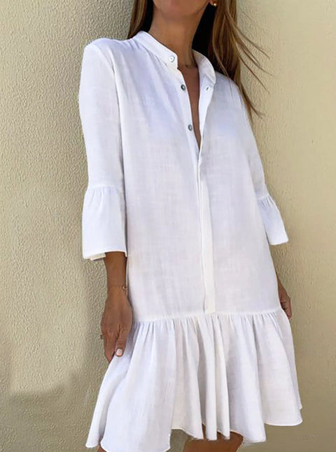 Spring and summer stand-up collar pure cotton and linen solid color ruffle hem dress m300724