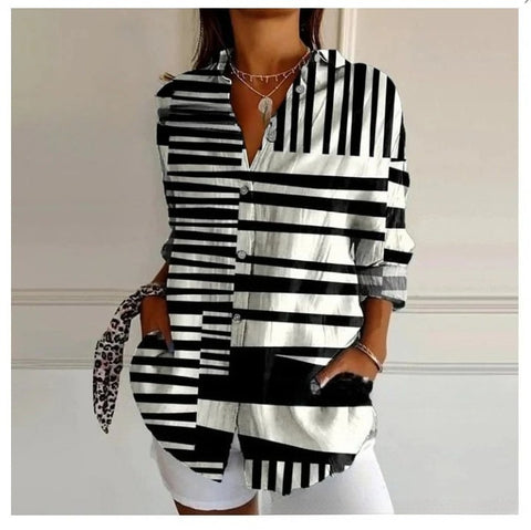 3D digital printing abstract pattern women's long-sleeved buckle linen shirt m302749-03