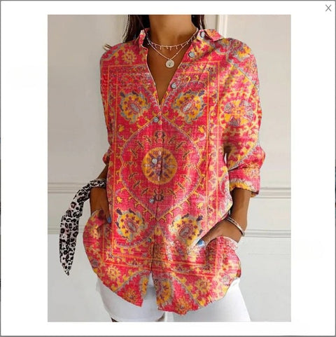 3D digital printing abstract pattern women's long-sleeved buckle linen shirt m302749-03
