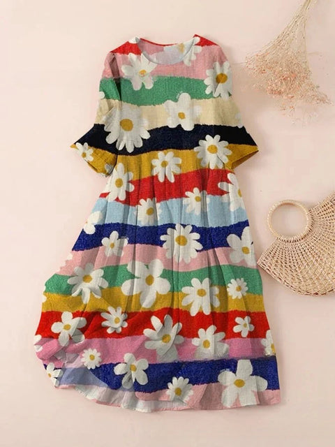 Robe ample à col ras du cou et manches longues imprimée m301072