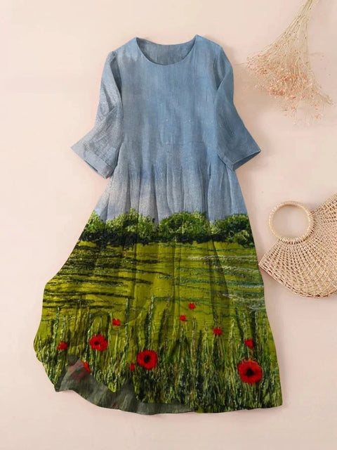Robe ample à col ras du cou et manches longues imprimée m301072