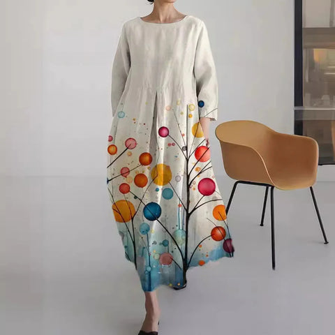 Robe ample à col ras du cou et manches longues imprimée m301072
