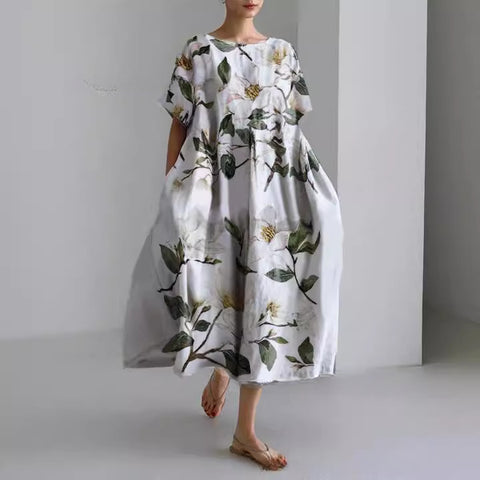 Robe ample à col ras du cou et manches courtes pour femme, haut de gamme, imprimée, m301052