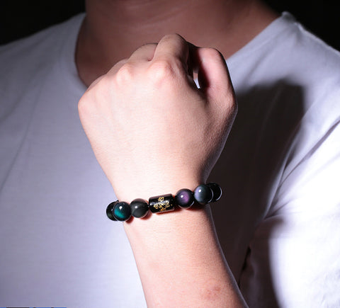 Bracelet en obsidienne œil arc-en-ciel pour homme et femme, mantra à six caractères m3331248