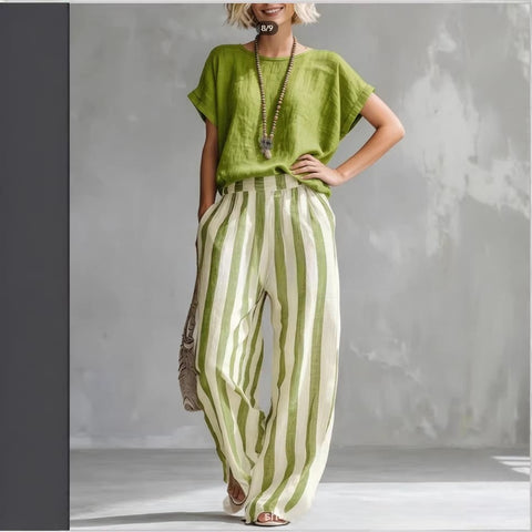 Comfort Classic Striped Cotton and Linen Two-piece Set m302715