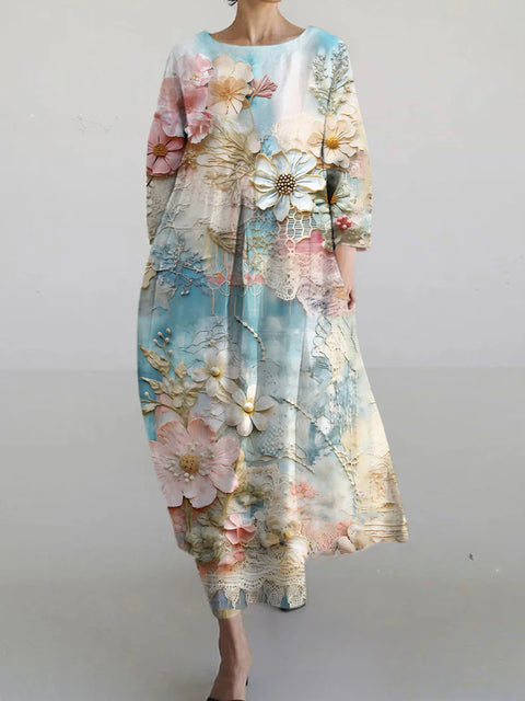 Robe ample à col ras du cou et manches longues pour femme, haut de gamme, imprimée, m301049