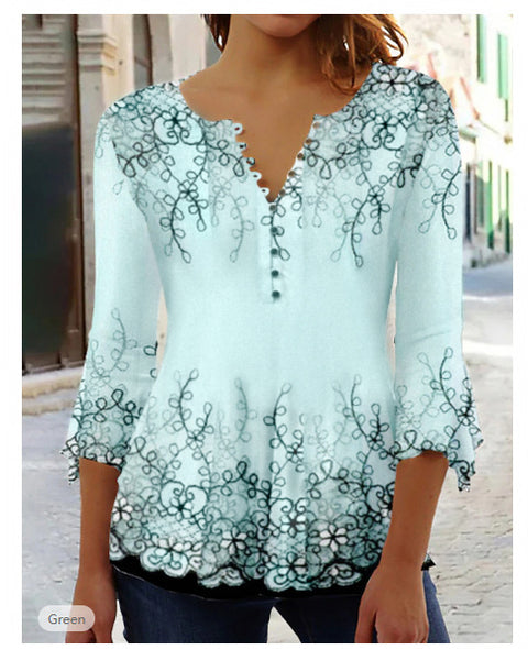 T-shirt à imprimé floral Ruili Fashion, col en V, manches trois-quarts m300035