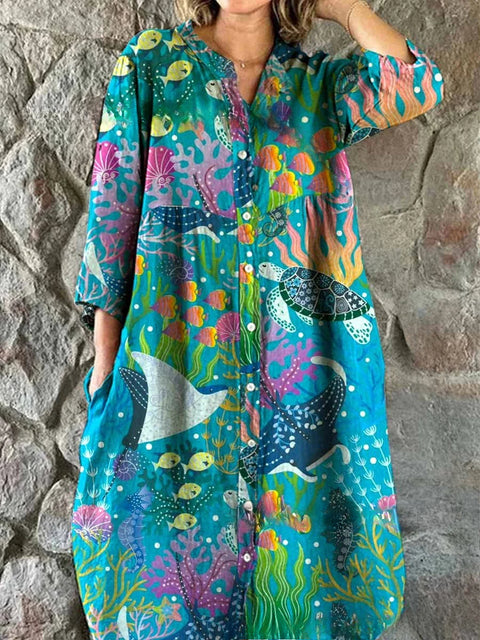 Robe chemise ample à col ras du cou et manches longues pour femme, imprimée, de qualité supérieure, m301050