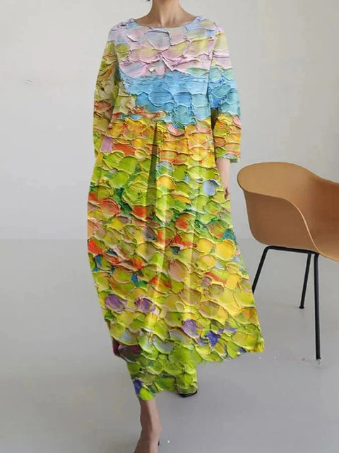 Robe ample à col ras du cou et manches longues imprimée m301072