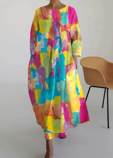 Robe ample à col ras du cou et manches longues pour femme, haut de gamme, imprimée, m301049