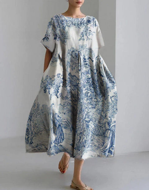 Robe ample à col ras du cou et manches courtes pour femme, haut de gamme, imprimée, m301052