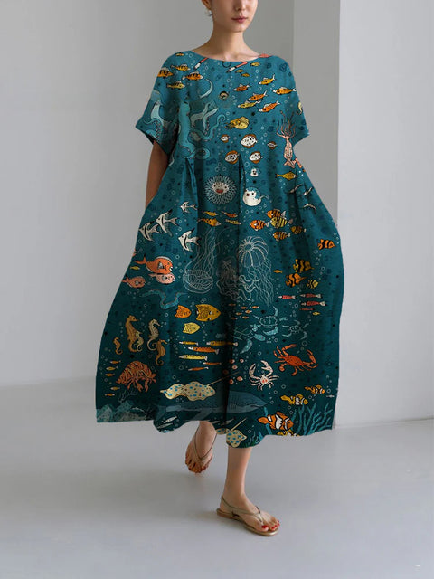 Robe ample à col ras du cou et manches courtes pour femme, haut de gamme, imprimée, m301052