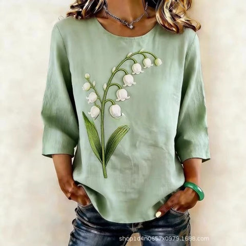 Popular literary and retro solid color seven-quarter sleeve T-shirt women's loose crew neck top m302686
