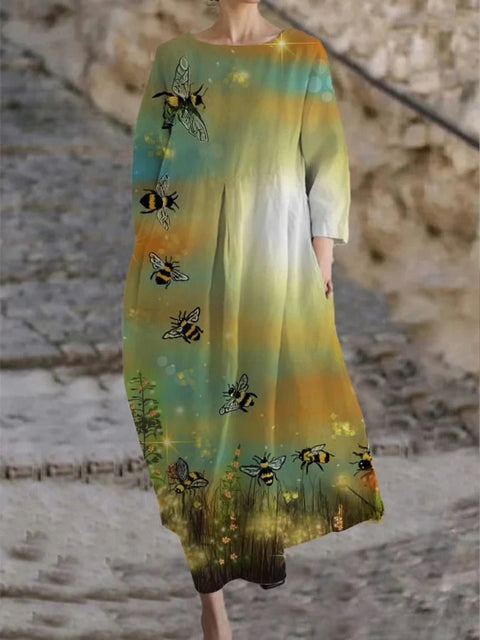 Robe ample à col ras du cou et manches longues imprimée m301072
